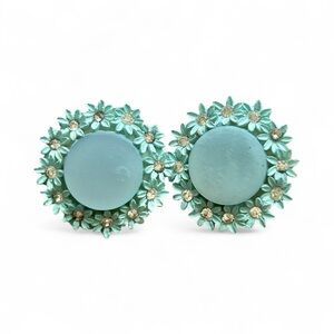 Vintage Japan Aqua Blue Floral Rhinestone Clip-On Earrings